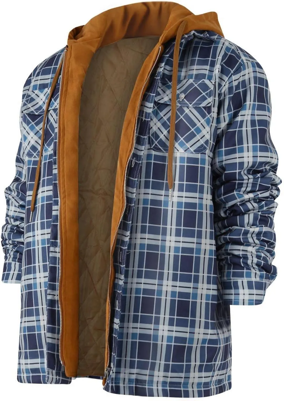 Ymosrh Men's Jacket Long Sleeve Quilted Lined Shirt Jacket Zip Up Coat Outwear With Hood Coat, M-5XL